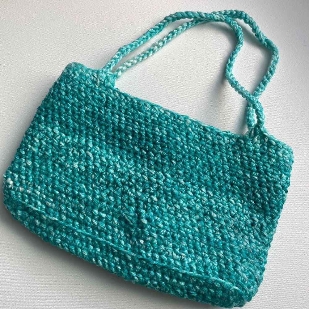 Handmade Crochet Teal Marled Mini Tote Bag / Project Pouch